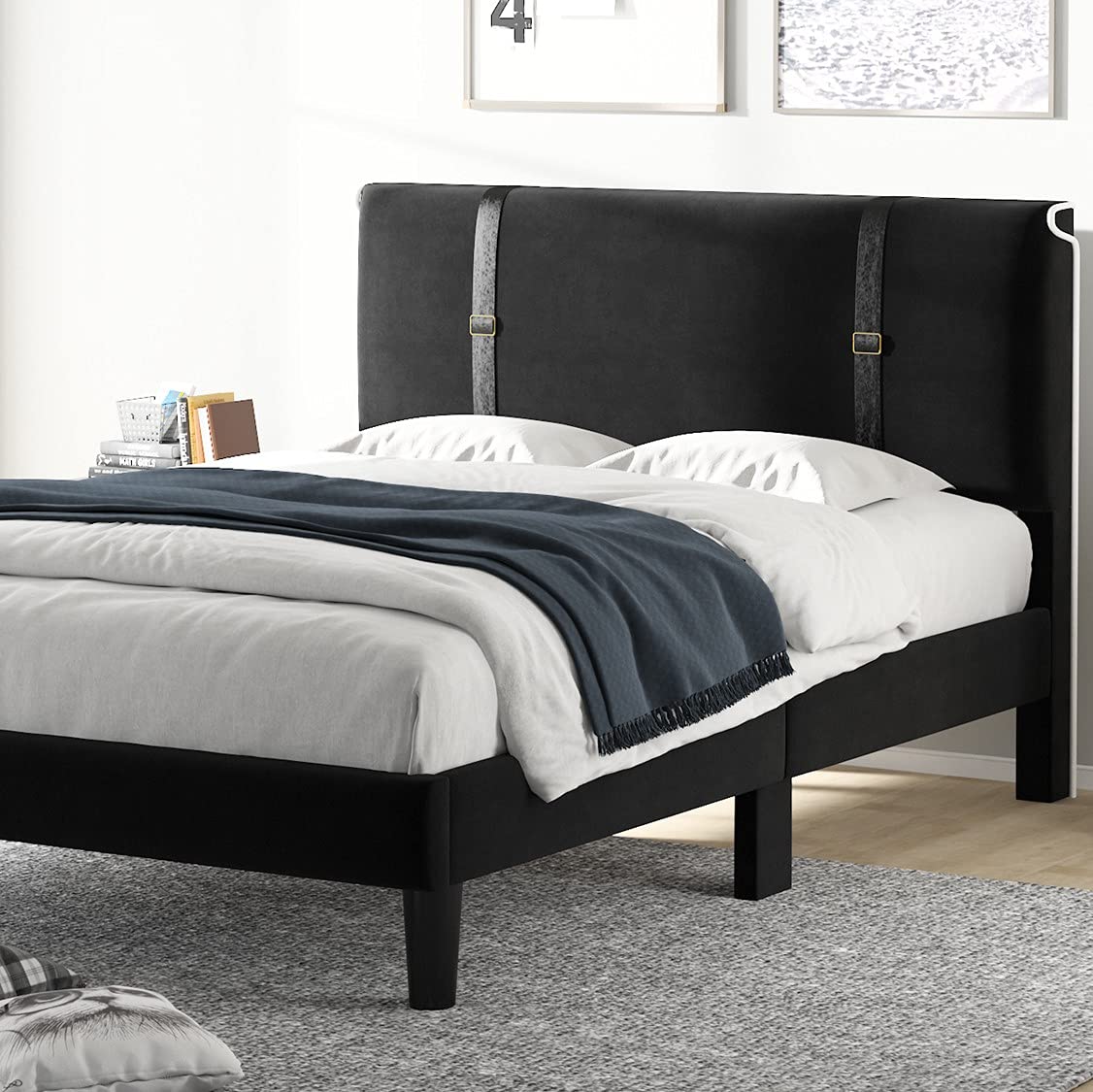 SHA CERLIN Queen Size Velvet Bed Frame with Upholstered Mordern Headboard, Upholstered Platform