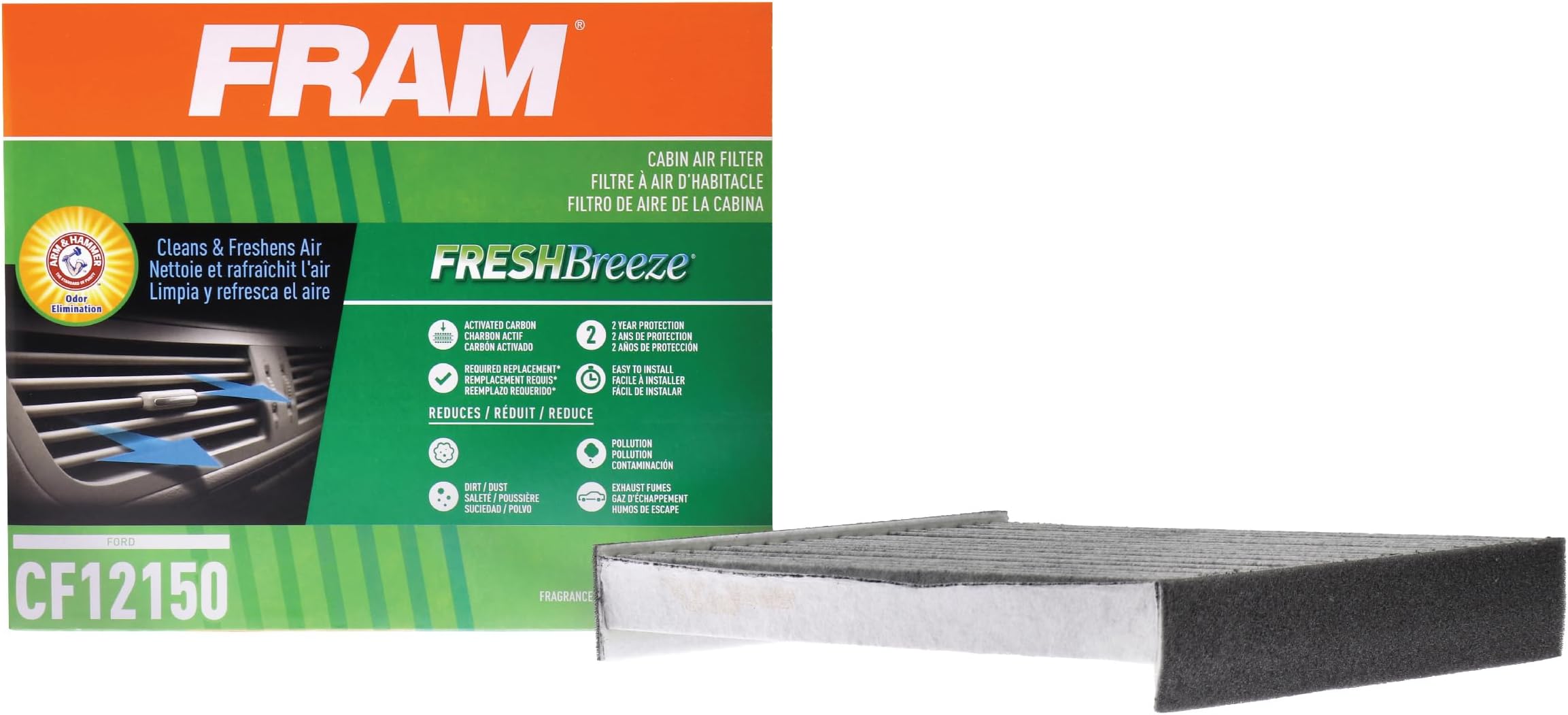 FRAM Fresh Breeze Cabin Air Filter Replacement for Car Passenger Compartment w/ Arm and Hammer Baking Soda, Easy Install, CF12150 for Mazda / Toyota Vehicles
