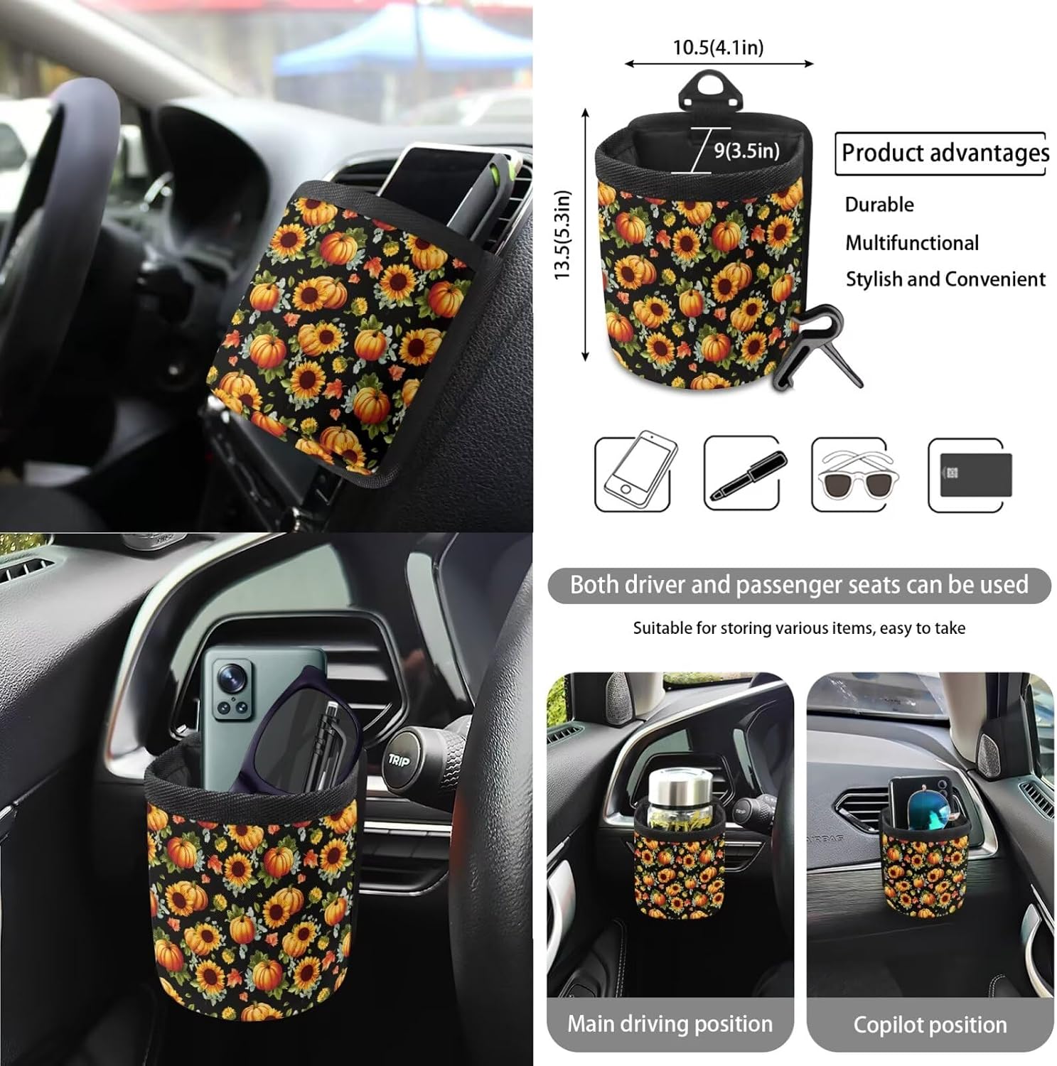 Sunflower Pumpkin Pattern Front and Back Seat Protector, Steering Wheel Cover Seat Belt Pads Trash Can Air Vent Storage Bag Keychain Thanksgiving Decor