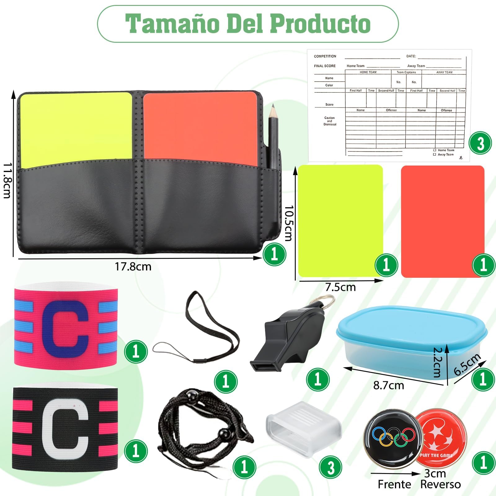 Kit de Tarjetas Árbitro Fútbol Rojas y Amarillas con Silbato Profesional, Papel, Lápiz, Brazalete de Capitán