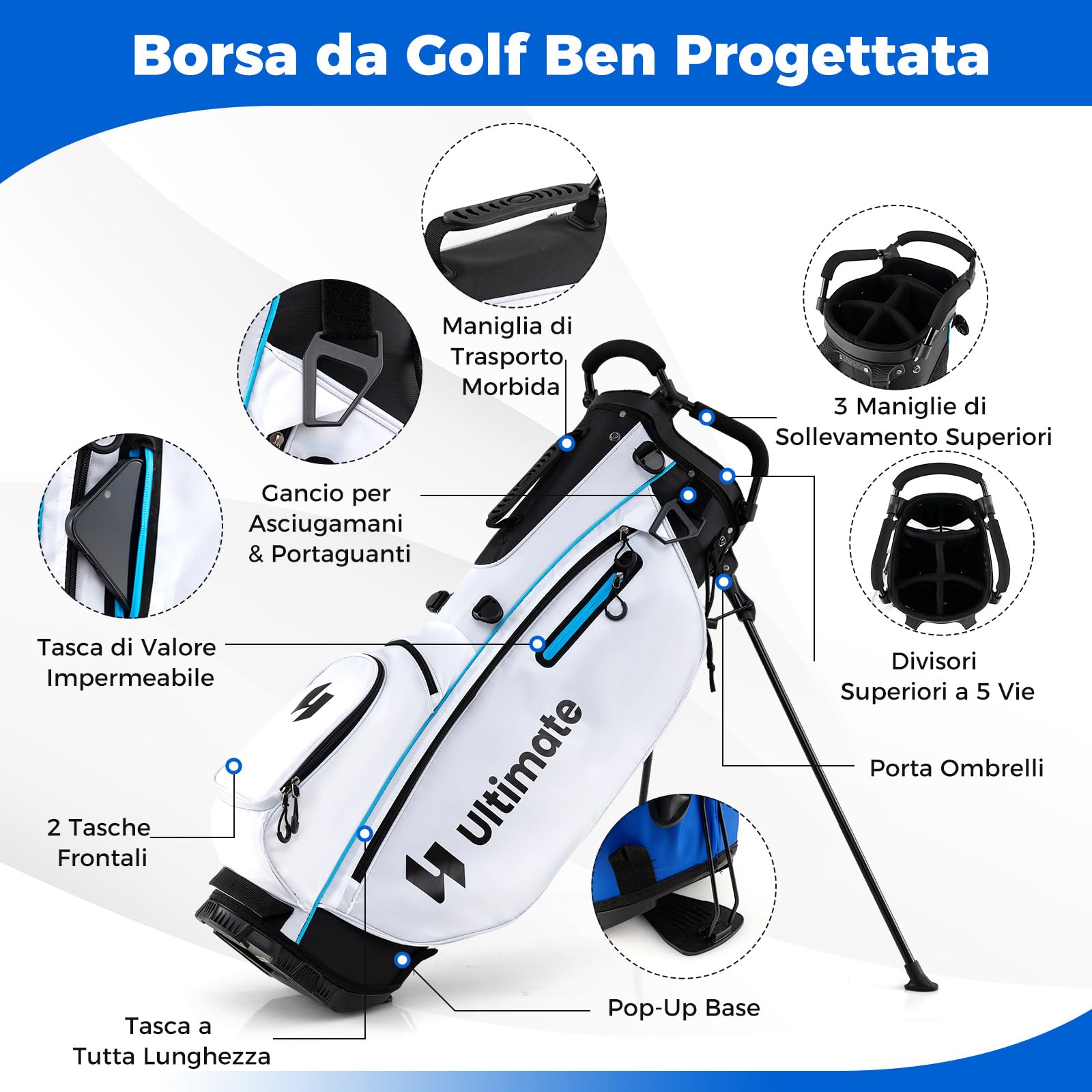 COSTWAY Set Completo di Mazze da Golf con Sacca a Treppiede, Include con Driver 1 da 460CC, Legno 3, Ibrido, Ferri 5, 6, 7, 8, 9, P, S, Putter e Copertura Antipioggia per Destrimani