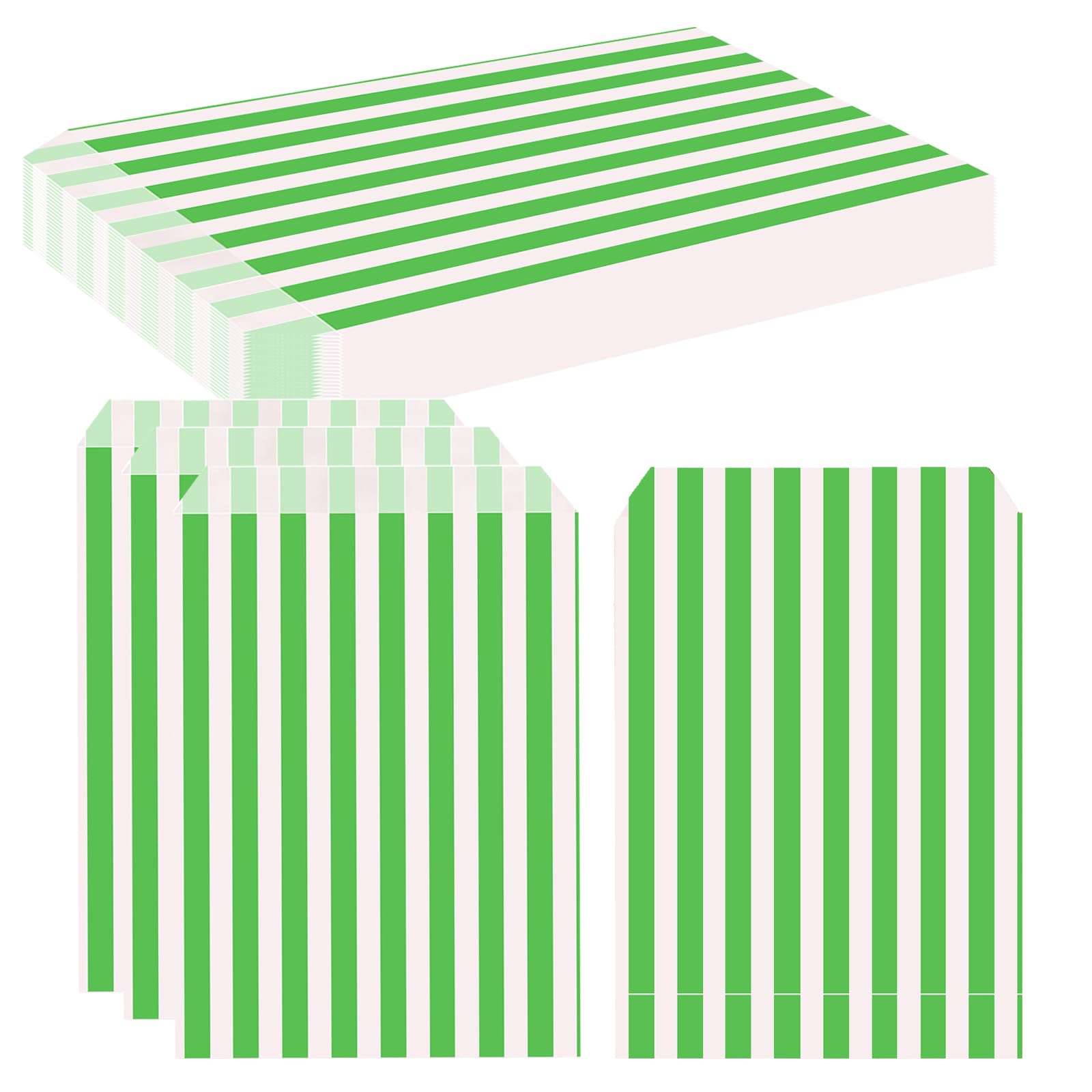 Striped Sweet Paper Bags 100 Pack, 13 x 18 cm 5 x 7 Inch Green Candy Treat Bags, Paper Party Favour Bags for Wedding Buffet Pick n Mix Popcorn Cake Gifts