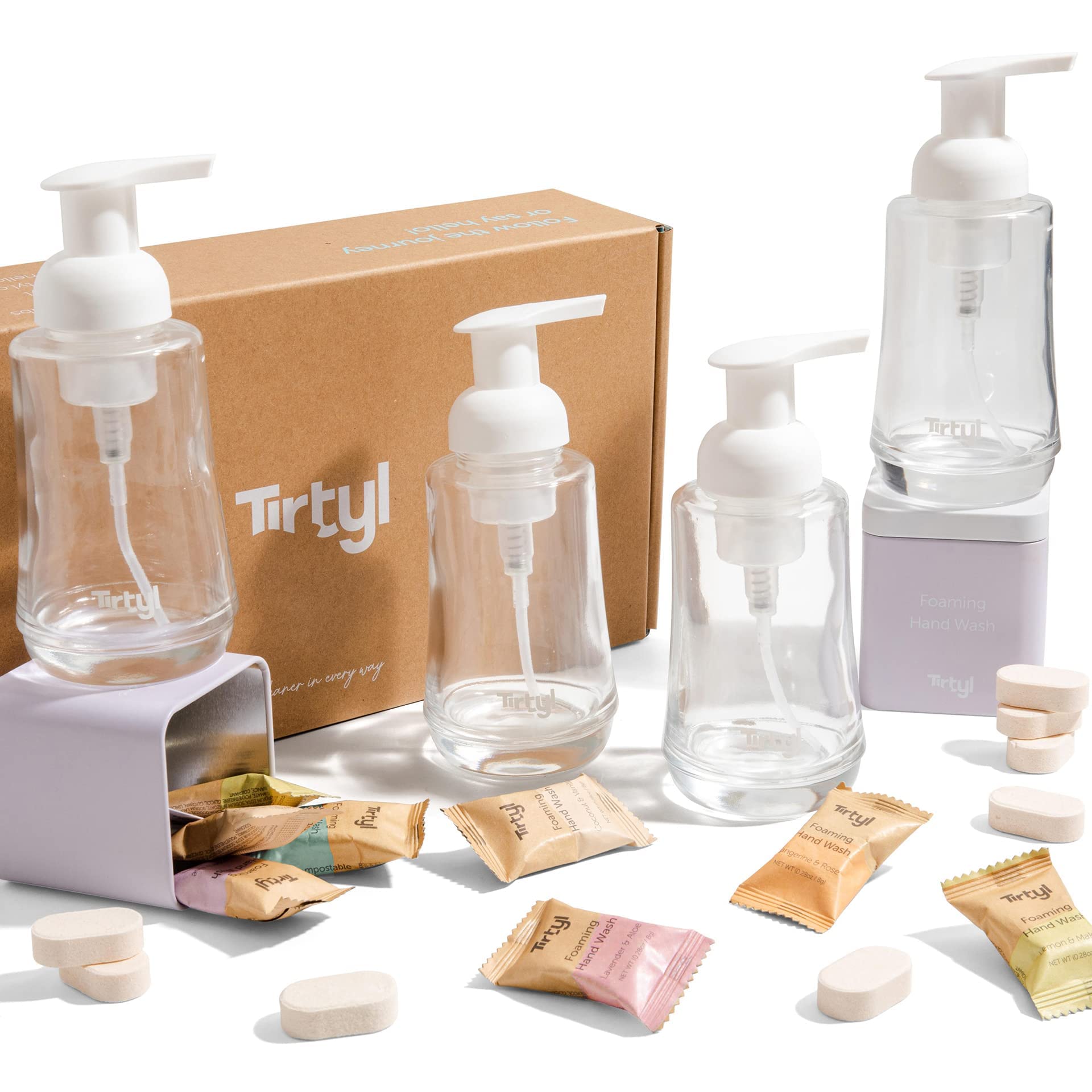 Tirtyl Hand Soap Quad Kit - 4 Glass Foaming Dispensers + 2 Storage Tins + 12 Tablet Refills - Compostable Packaging - Variety Fragrances - 96 fl oz total (makes 12x 8 fl oz bottles of soap)