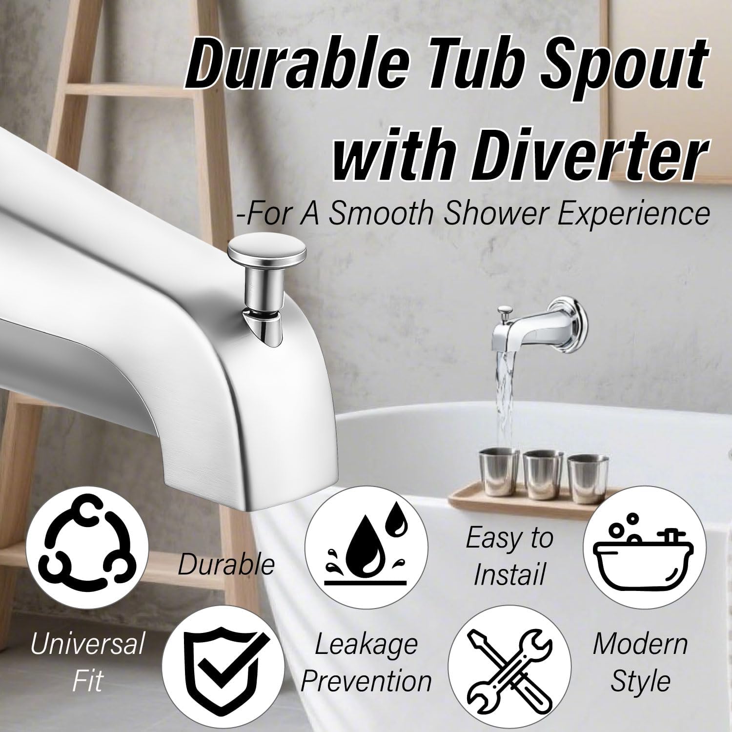 Bathtub Spout,Tub Spout with Pull Down Diverter,Compatible with Bathroom Tub Faucet,Fits 1/2" Copper Water Tube(5/8 inch Dia),with 5/32" Hex Wrench,Chrome