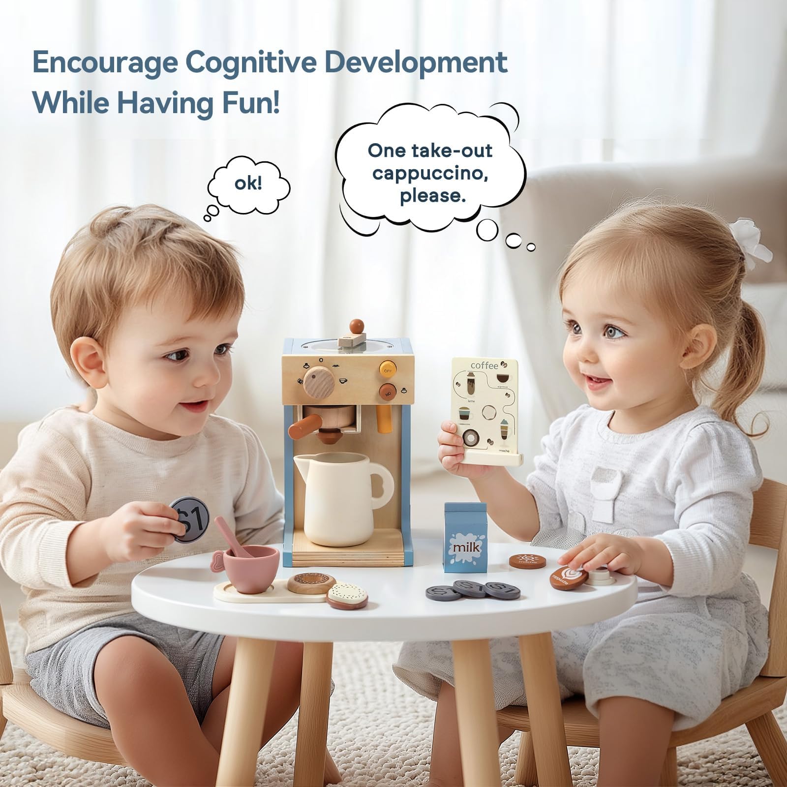 Kaffeemaschine Kinder mit Mühle, Siebträger, Kaffeehaus 22-Teilig HolzSpielzeugset, Espressomaschine Imitation Barista Kinder, Geeignet für Kleinkinder ab 3 Jahren
