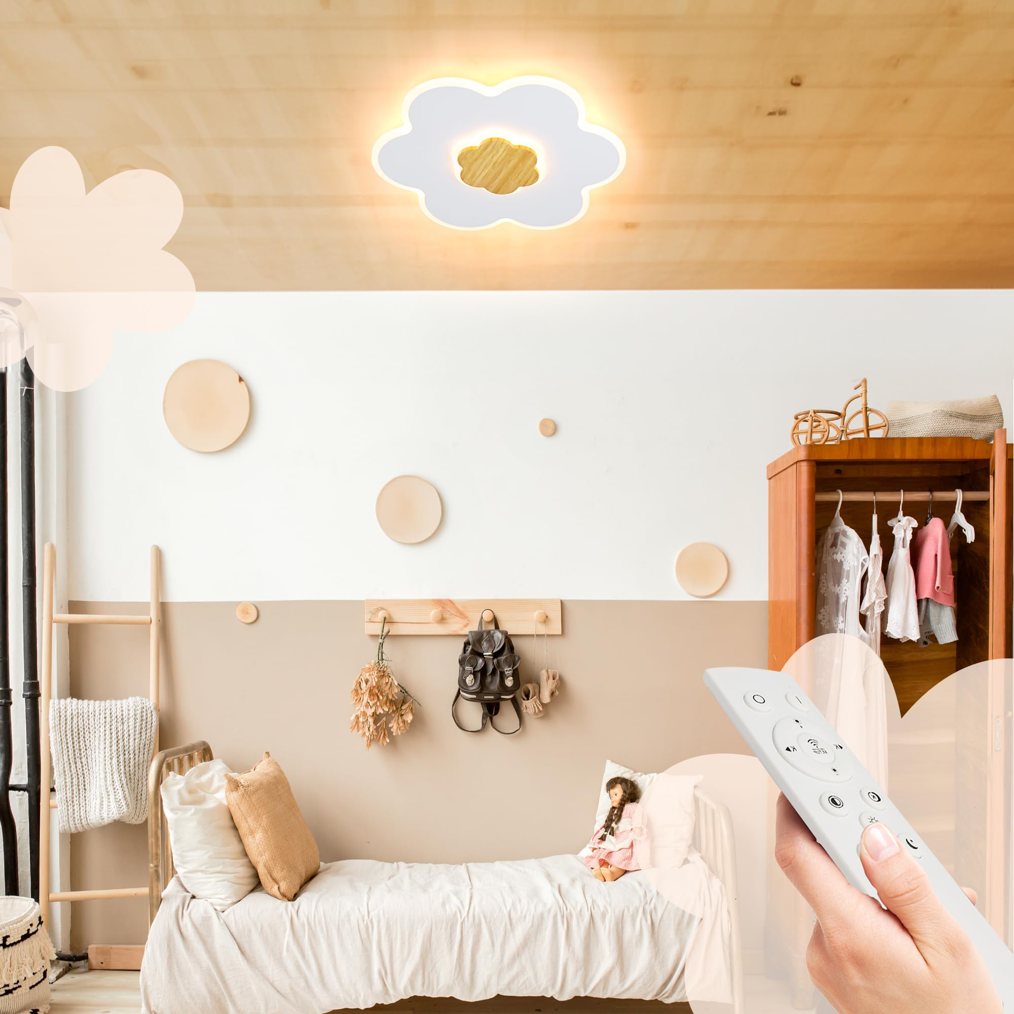 LUOLONG LED Deckenleuchte Kinder Deckenlampe Blumenform Holz Kinderzimmer Deckenleuchten Dimmbar 3000K-6000K 28W 40cm Junge Mädchen Baby Weiß Kinder Schlafzimmer lampe Mit Nachtlichtfunktion