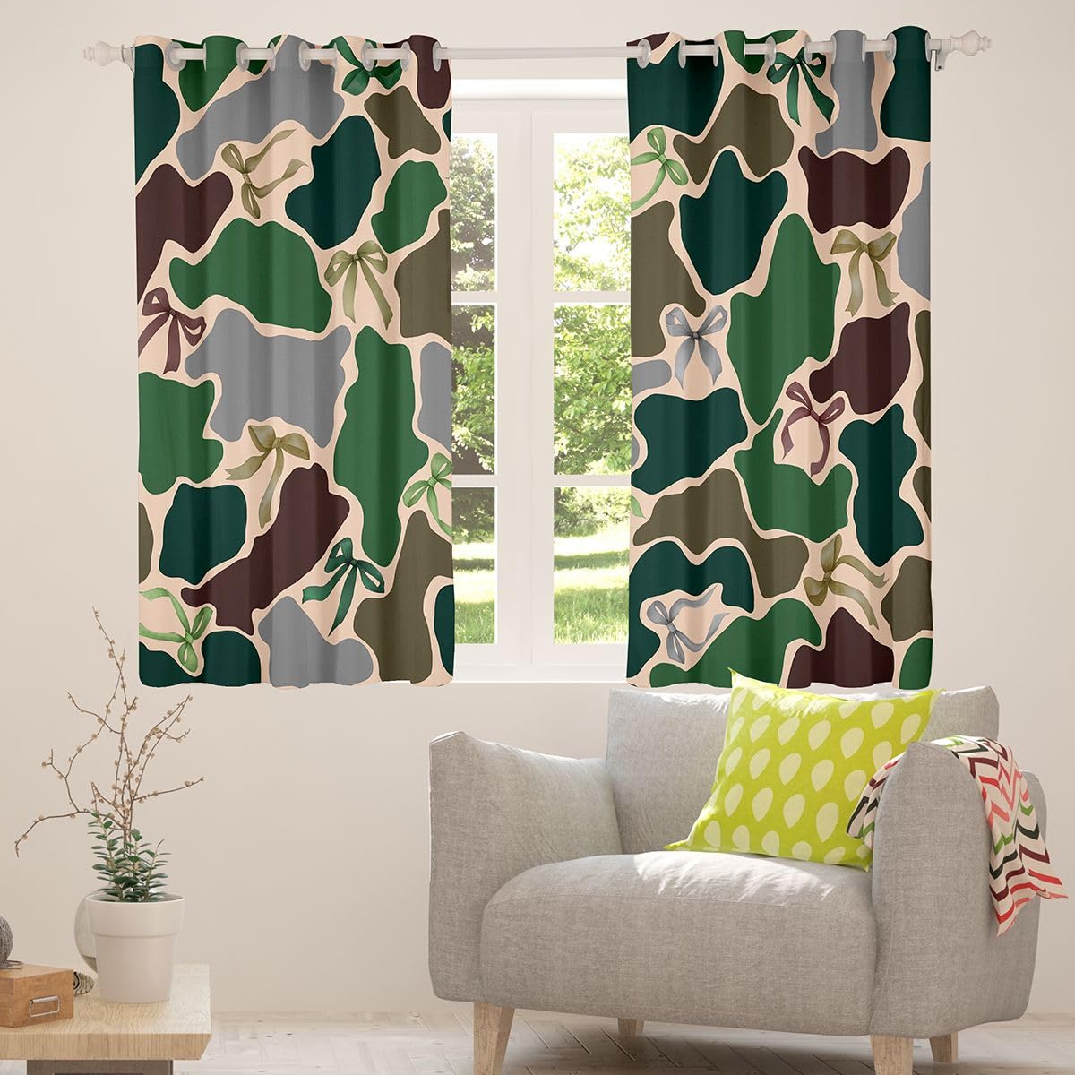 Homewish Zielone zasłony okienne moro, 117 x 183 cm, 2 zestawy paneli – vintage kokarda, moro, zasłony zaciemniające, nowoczesne, modne, kokarda, wstążka, zasłony okienne, zasłony w stylu wojskowym
