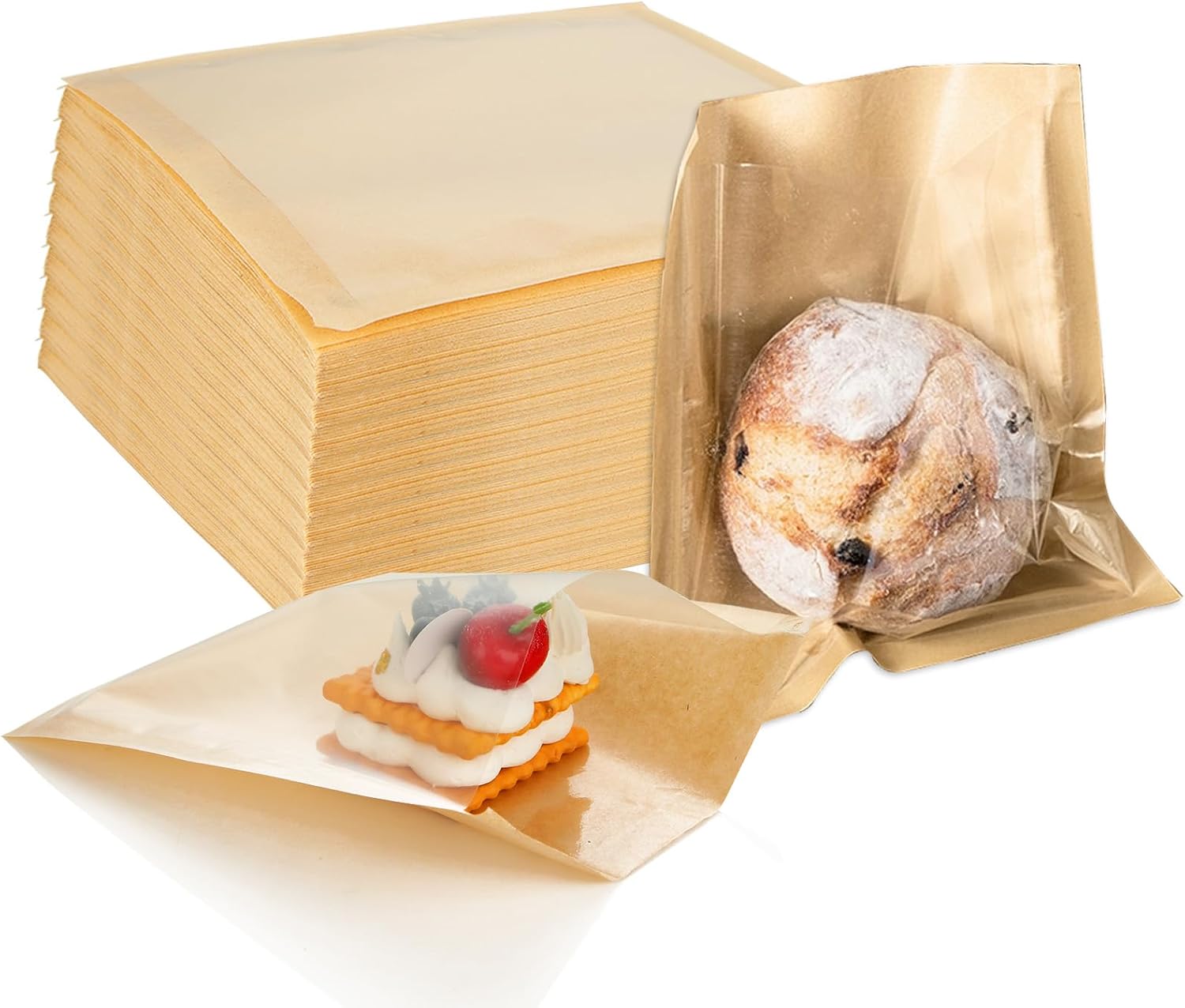 LOEQIAN 300 Pack Grease-proof To Go Donut Bags, Bakery Bags with Window, 7.5 x 7 Inches Flat Kraft Paper Bag for Packaging Baked Goods Cookie Cake Bread Sandwich Candy Snack Donut