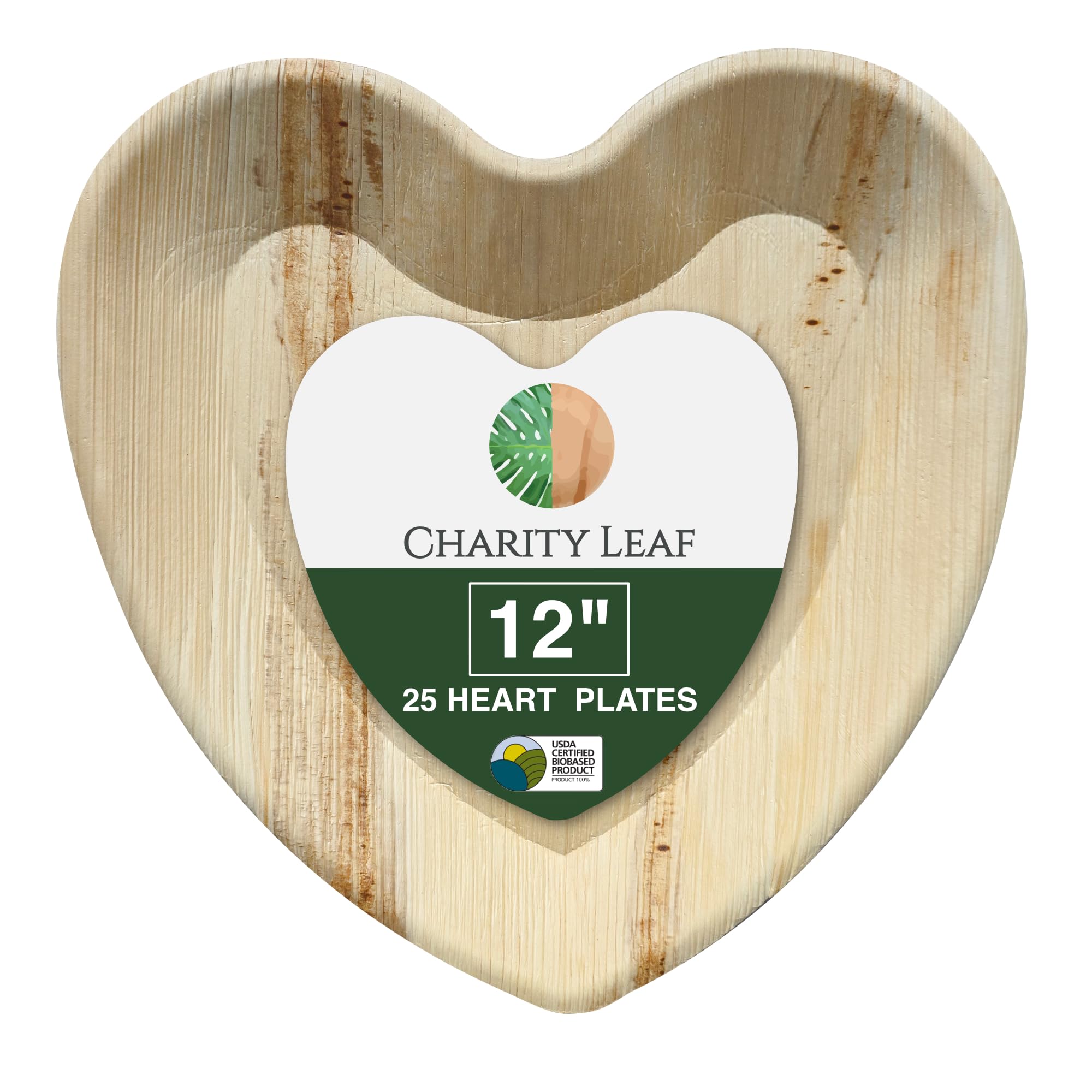 Charity Leaf Platos desechables con forma de corazón de hoja de palma de 12 pulgadas (25 piezas) de bambú, tablas desechables, vajilla ecológica para San Valentín, bodas, catering, eventos