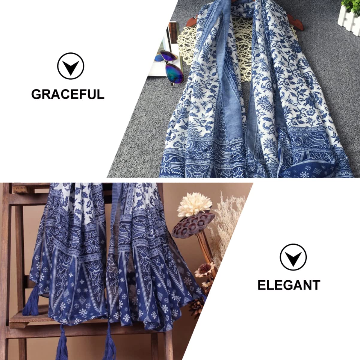 GALPADA 3pezzi Sciarpa Lunga Cotone Con Motivo Porcellana Blu e Bianco Elegante Sciarpa Frangia Femminile Per Picnic Spiaggia e Attività All Aperto