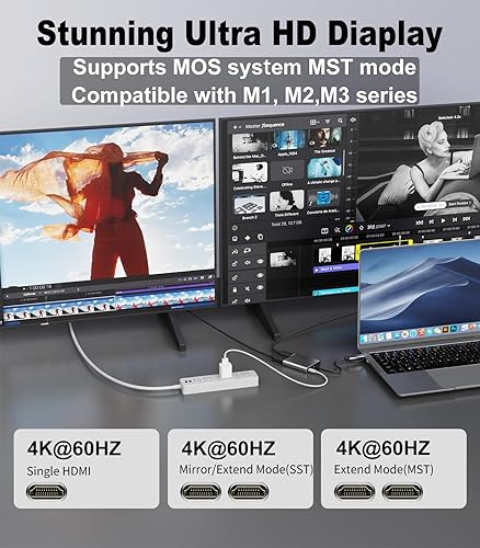 Miniatura 4 de TAHNDBLE - Adaptador USB C a HDMI, salida de doble pantalla 4K 60Hz para Apple Mac M1M2M3, adaptador DisplayLink (DL6950) para USB 4, Thunderbolt