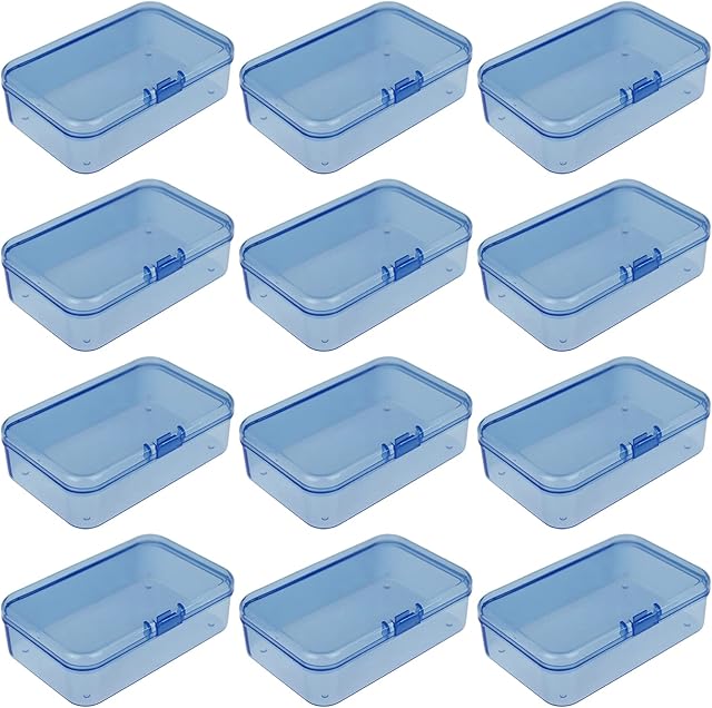12 Pieces Mini Rectangular Plastic Boxes Empty Storage Organizer Containers with Hinged Lids for Small Items and Other Craft Projects (85 x 55 x 25 mm, Blue)