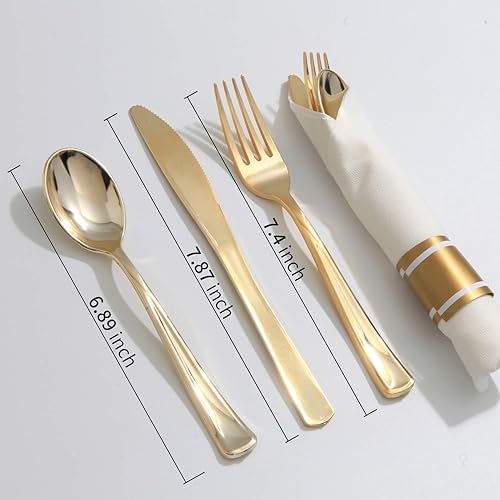 Vista 43 de Supernal Paquete de 60 servilletas preenrolladas con cubiertos de plástico dorado, juego de cubiertos desechables de primera calidad envueltos en Oro