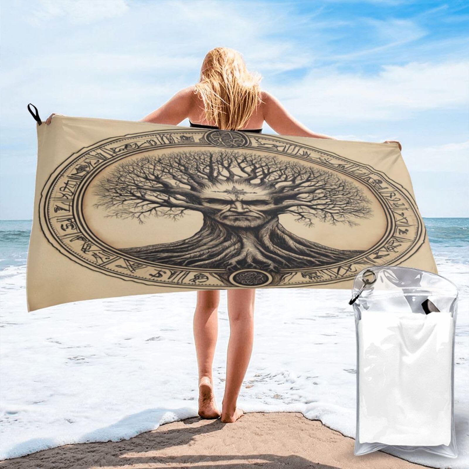 Anceky Intricate Black and White Tree-Man Portrait, Circular Quick Dry Microfiber Travel Towel with Carry Case and Carabiner 27.5"X55"