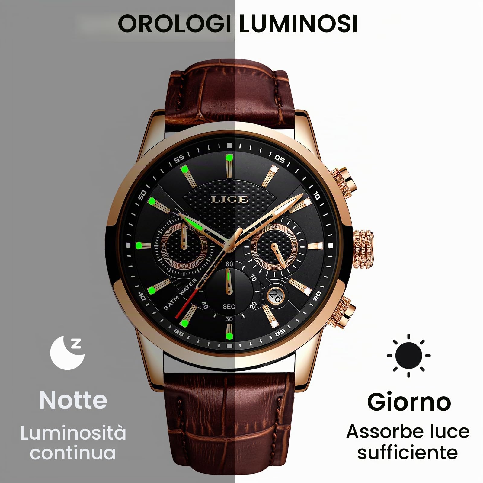LIGE Orologio Uomo Mode Elegant Acciaio Inossidabile Pelle Impermeabile Analogico Quarzo Classico Cronografo