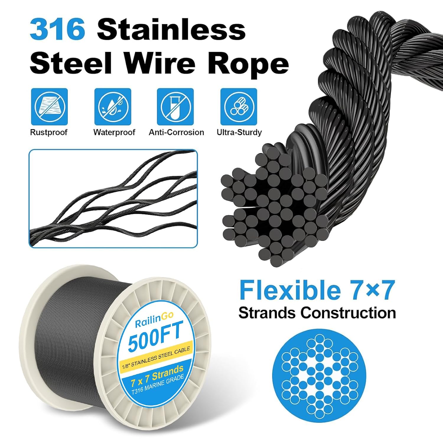 500FT 1/8" Wire Rope with Cutter, 316 Stainless Steel Wire Cable for Deck Stair Railing, 7x7 Strands Marine Grade Aircraft Cable, 1850lbs Breaking Strength, Black Cable Railing Kits, RG10