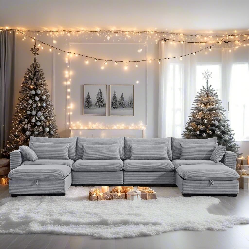 asunflower 158" 4-Seater Oversized Modular Sectional Sofa for Living Room,Sectional Couches with 2 Storage Ottomans,U-Shaped Corner Cloud Couch Corduroy Deep Seat Sofa, Easy Assembly (Light Grey)