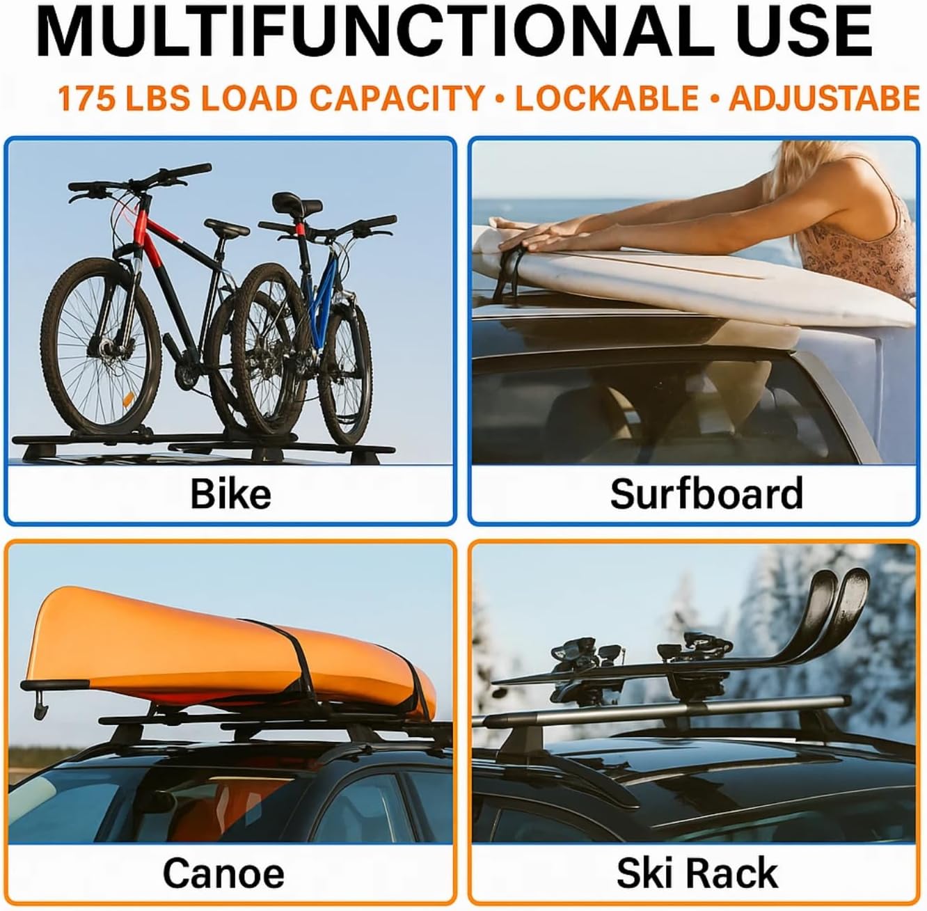 Universal Black Roof Rack Cross Bars – 55" Adjustable Fit for Most Cars, SUVs, and Vehicles Without Roof Rails, Heavy Duty Aluminum with Anti-Theft Lock, Easy Installation, 175 lbs Capacity