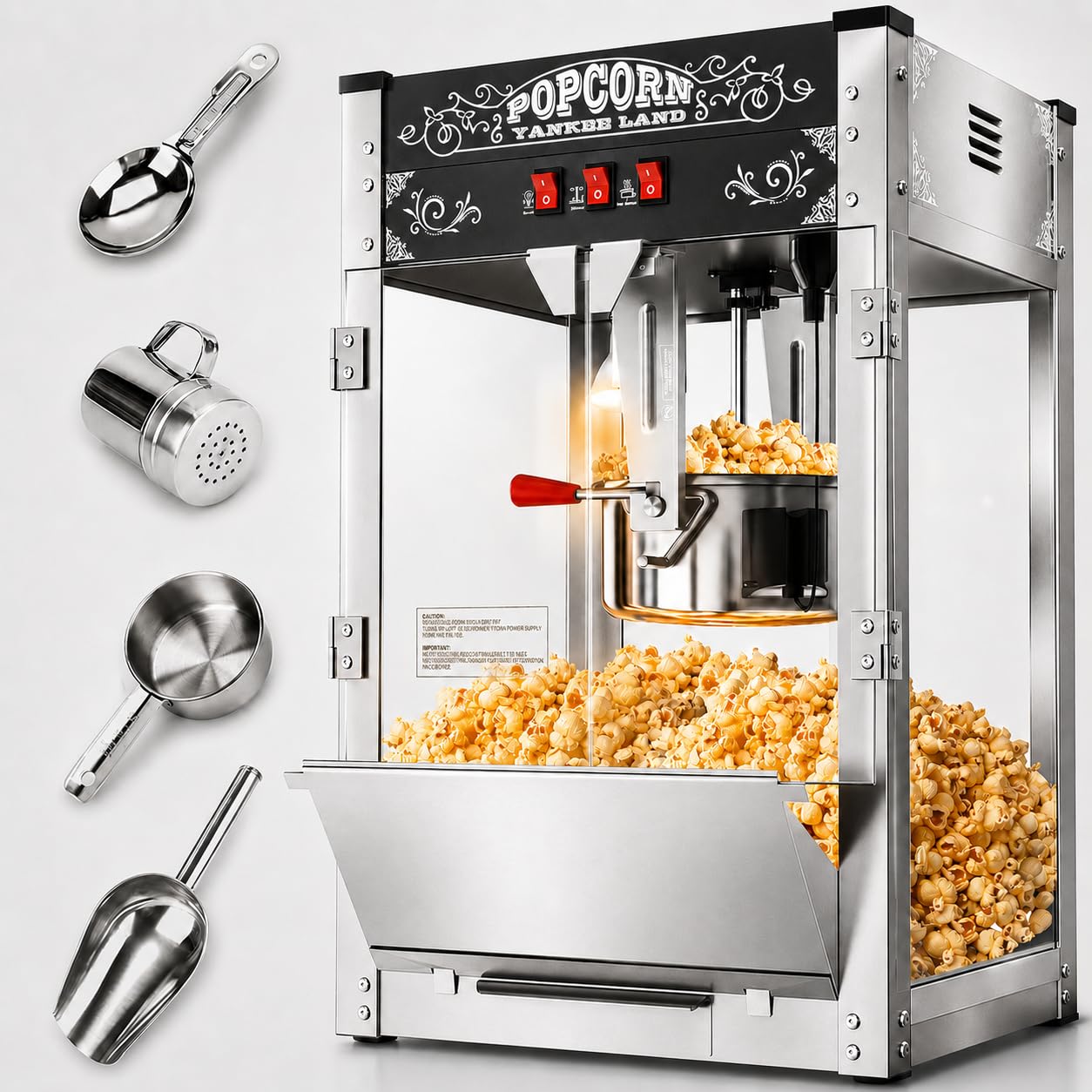 20 Oz Commercial Popcorn Machine, Movie Theater Popcorn Machine, Black Tabletop Pop corn Machine with 3-Switch Control &amp; Steel Frame Tempered Glass Doors
