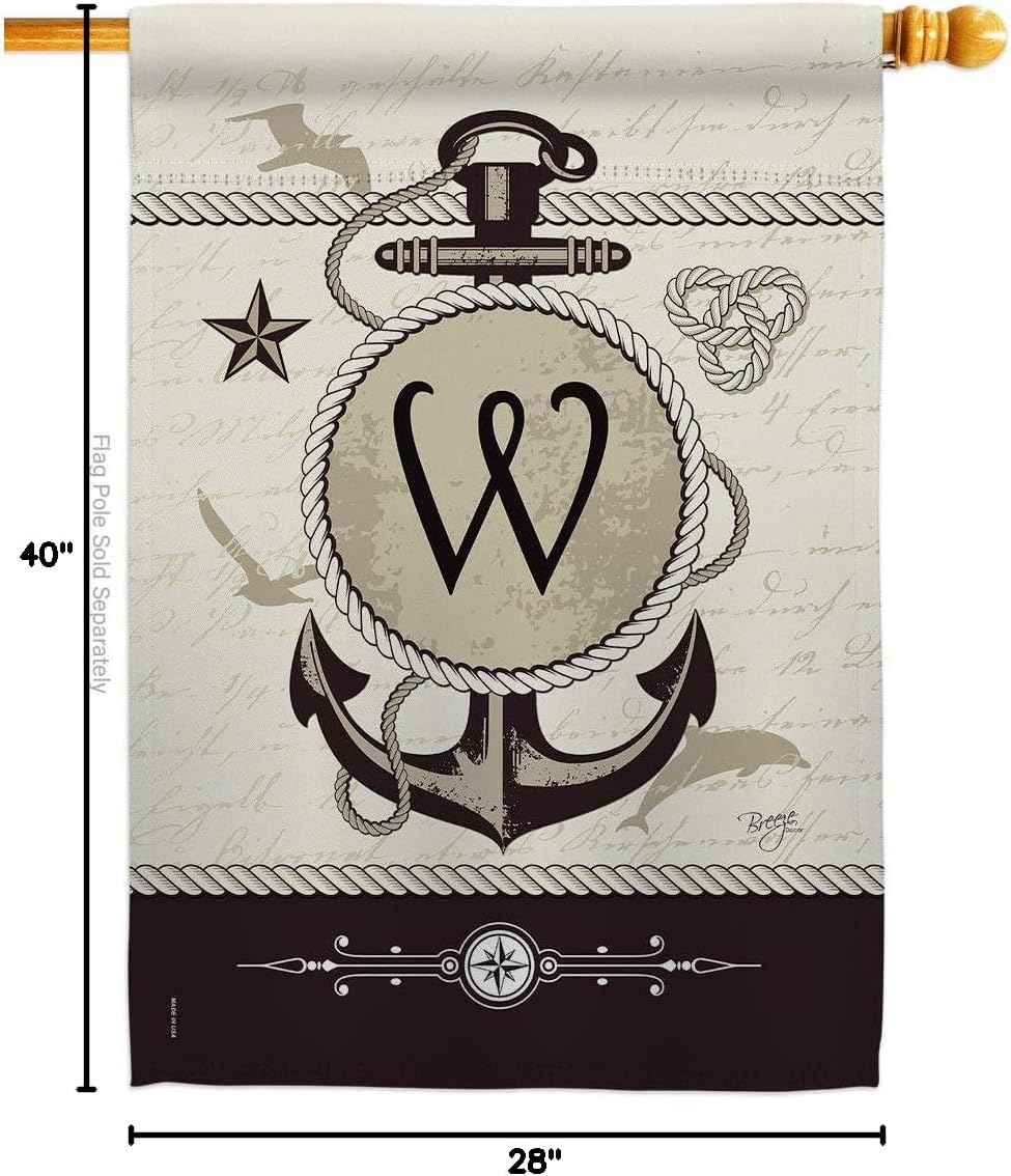 Nautical W Initial House Flag Monogram Coastal Anchor Sailor Sea Shells Outdoor Summer Ocean Small Decorative Gift Yard Banner Made In USA 28 X 40