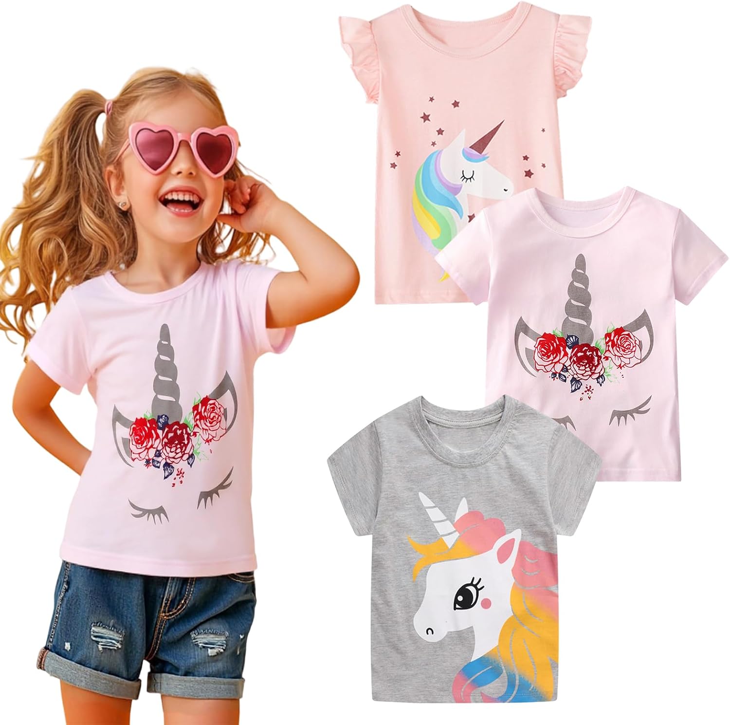 HILEELNAG Girls' Tees Short Sleeve Cotton Casual Graphic T-Shirts Easter Summer Tops 3Packs
