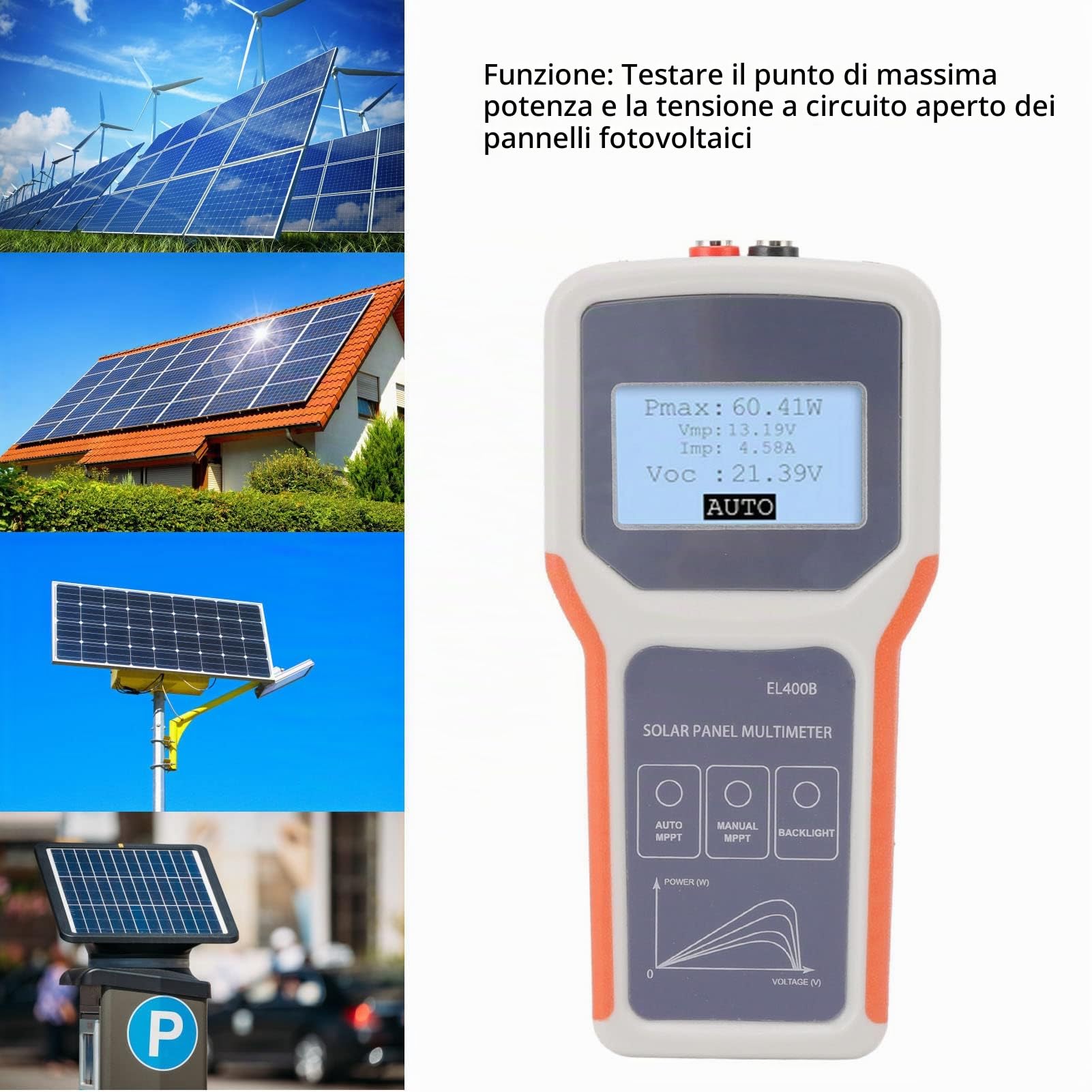 Multimetro per Pannelli Solari - Multimetro per Pannelli Fotovoltaici Tester MPPT per Pannelli Solari con Display LCD, Tester per Pannelli Solari per Tensione a Circuito Aperto