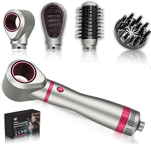 Cepillo de soplado desmontable 4 en 1, moldeador de aire caliente iónico negativo con 4 cabezales de cepillo para secar, dar volumen, rizar y alisar