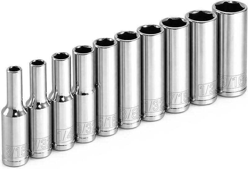 Powerbuilt 10 Piece 1/4 Inch Drive SAE 6 Point Deep Socket Set, Z-Drive Grips, Chrome Vanadium Steel, Meets ANSI Standards - 640499
