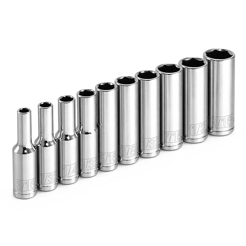 Jogo de Soquetes Profundos Powerbuilt SAE de 6 Pontos, Encaixe de 6,35 mm, Aço Cromo-Vanádio, Modelo 640499, 10 peças
