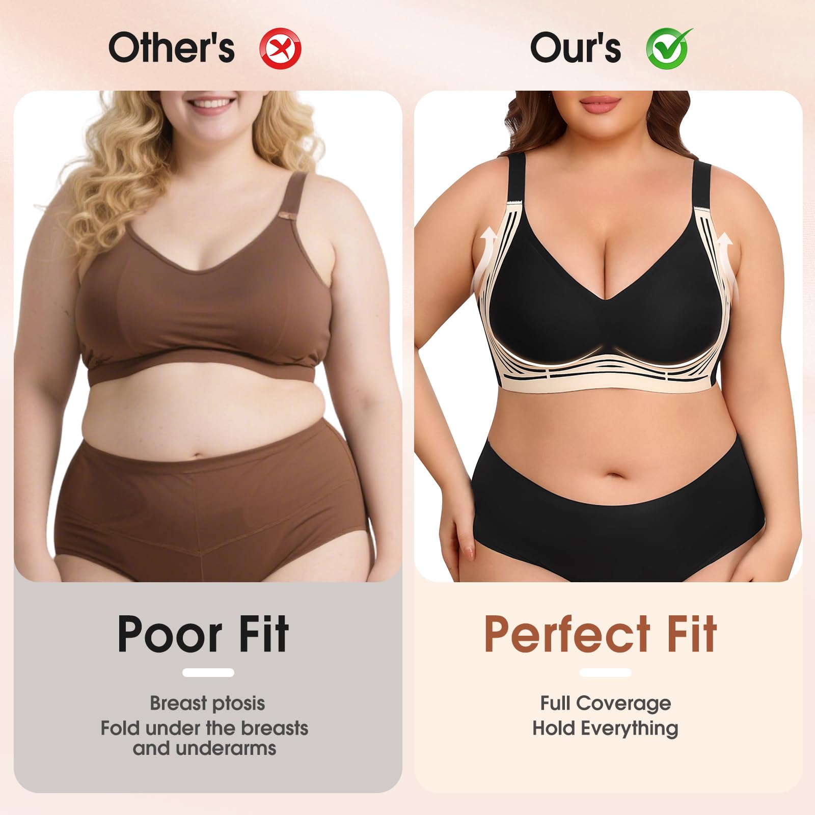 XJBTBA Biustonosze damskie Plus Size Biustonosz push-up bez fiszbin Pełne pokrycie Staniki podtrzymujące Wygodny bezprzewodowy biustonosz bez szwu Biustonosz damski na co dzień z wyjmowaną wyściółką