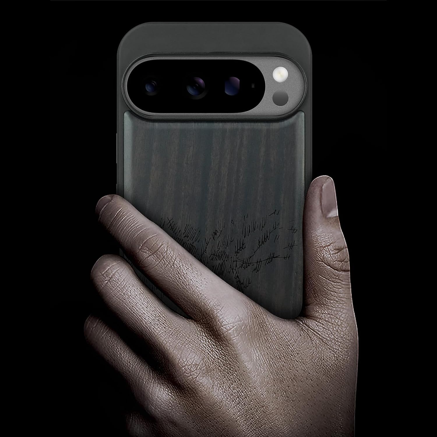 Carveit Magnetic Wooden Case for Google Pixel 10 Pro XL Case, Wood Artisan Engraved & Soft TPU Shockproof Cover, Compatible with MagSafe Wireless Chargers (Lone Deer Amidst The Trees) Blackwood