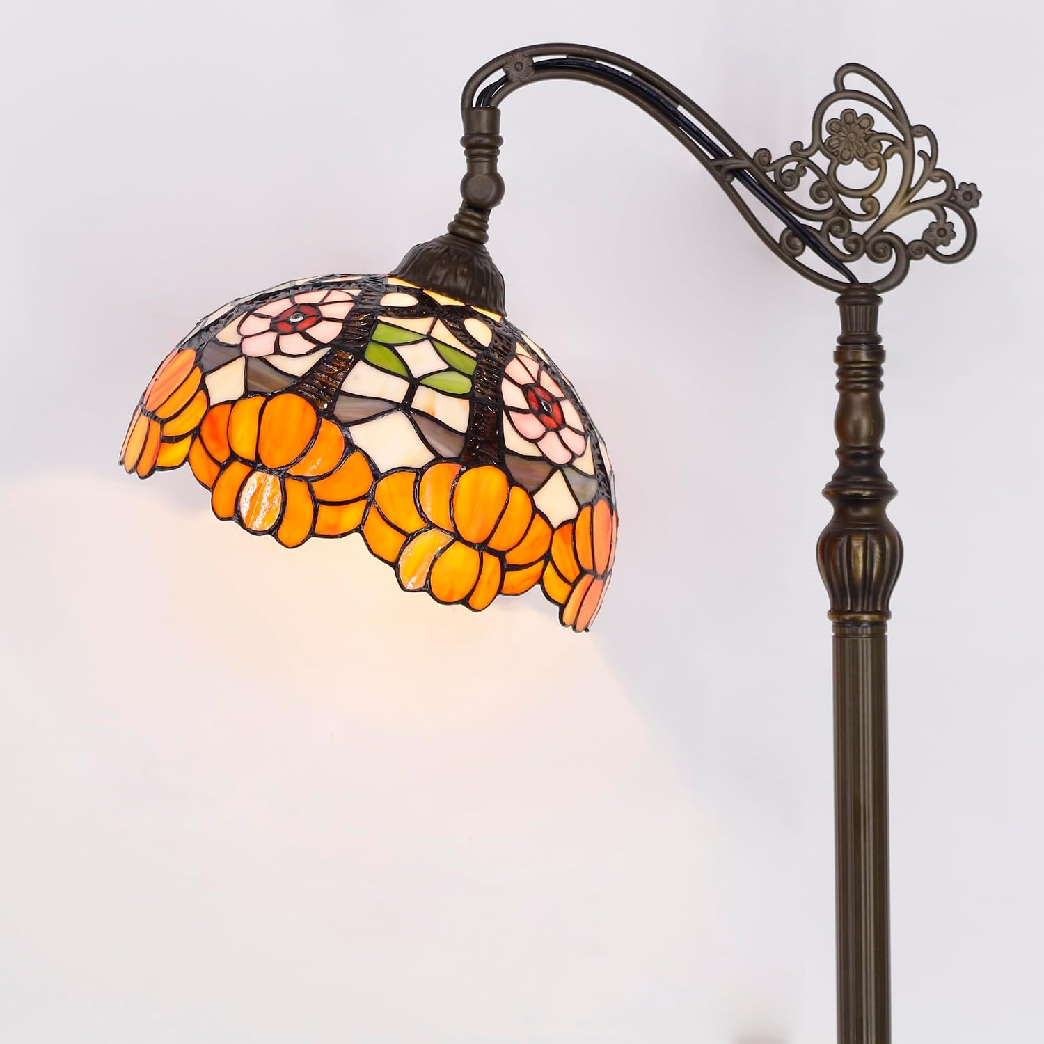 Tiffany Floor Lamp Stained Glass Orange Flower Style Arched Reading Light Gooseneck Adjustable Corner Standing Lamp 12X16X66 Inch for Bedroom Living Room Home Office