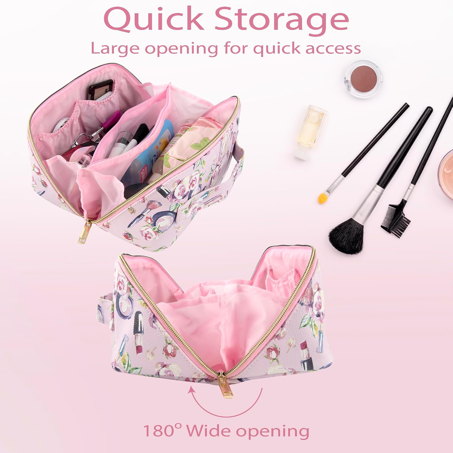 Emma & Chloe Compact Cosmetic Bag with Compartments | 6 Sections Waterproof Travel Toiletry Makeup Case for Women – 180° Easy Open Bag (Fresh Florals) image 2