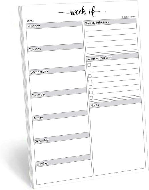 321Done Weekly Planning Notepad - 50 Sheets (5.5" x 8.5") - Week Priorities to Do List Tear-Off Pad, Planner Checklist Organizing - Made in USA - Simple Script