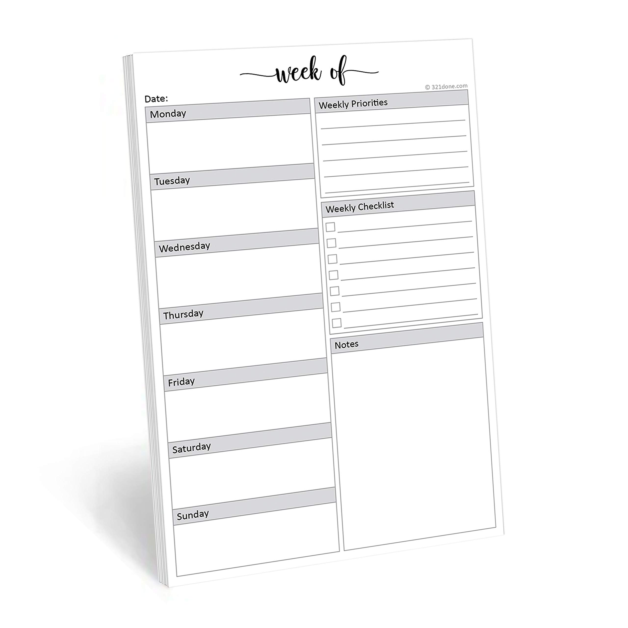 321Done Weekly Planning Notepad - 50 Sheets (5.5" x 8.5") - Week Priorities to Do List Tear-Off Pad, Planner Checklist Organizing - Made in USA -