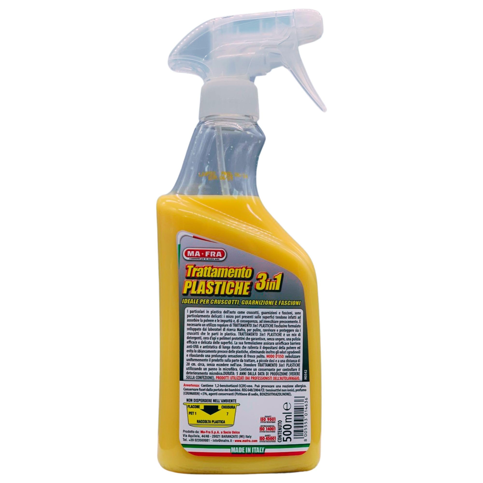 Detergente Spray TRATTAMENTO PLASTICHE 3In1, Ideale Per Cruscotti, Guarnizioni e Fascioni. Pulisce, Ravviva e Protegge Le Parti Interne Dell'Auto 500ml (6 Spray)
