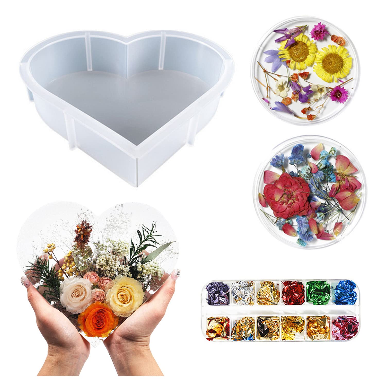 Moule résine cœur silicone antiadhésif fleurs séchées feuille d'or