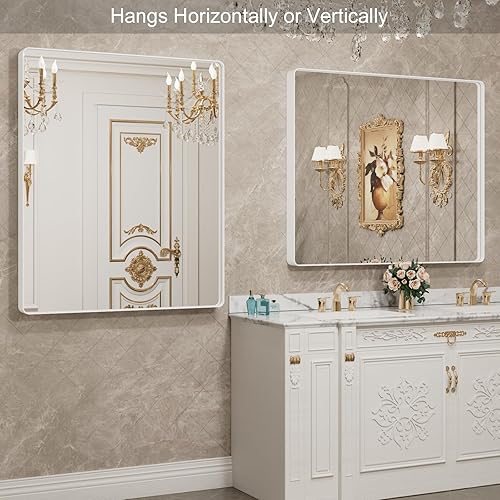 Miniatura 226 de LOAAO - Espejo de tocador para baño con marco de metal negro mate de 24 x 32 pulgadas para pared, rústico, rectangular, grande, redondeado