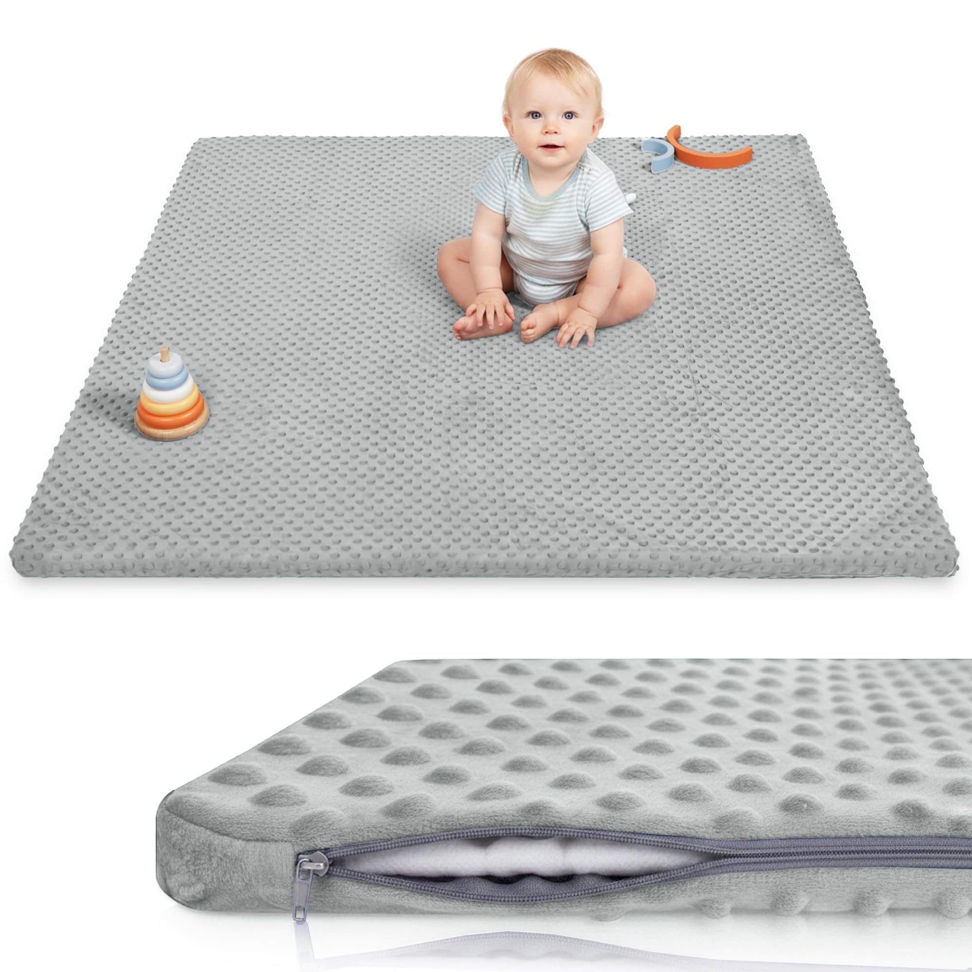 Baby Floor Play Mat for Playpen, Extra Thick 50"x50" Padded Mat with Ultra Soft 3D Minky Dot & Removable Washable Cover, Non-Slip & Safe for Crawling,Tummy Time,Infant/Toddler (Grey) Grey 50"×50"×1.3"
