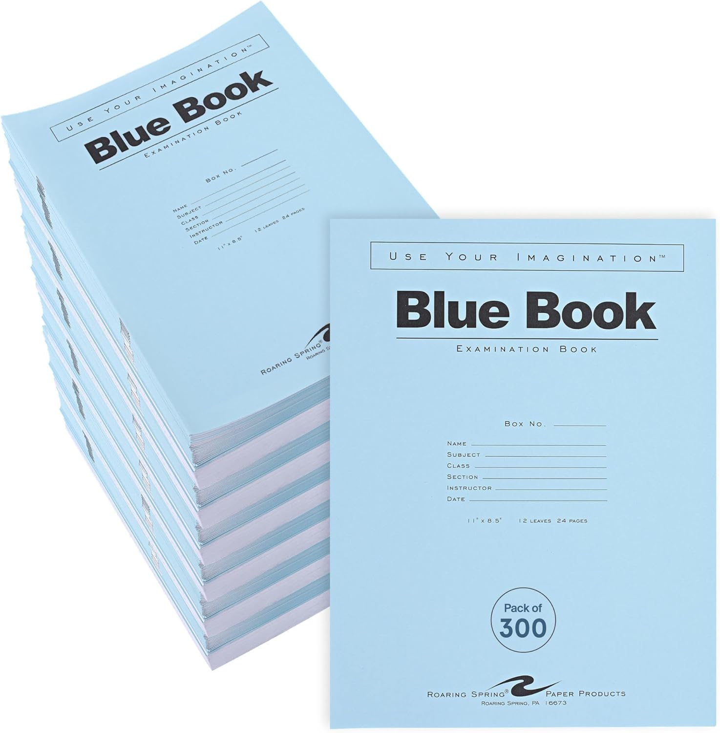 ROARING SPRING Exam Blue Books, 300 School Examination Booklets, 11" x 8.5", 12 Sheets/24 Pages, Wide-Ruled with Margin Student Testbook, Made in USA