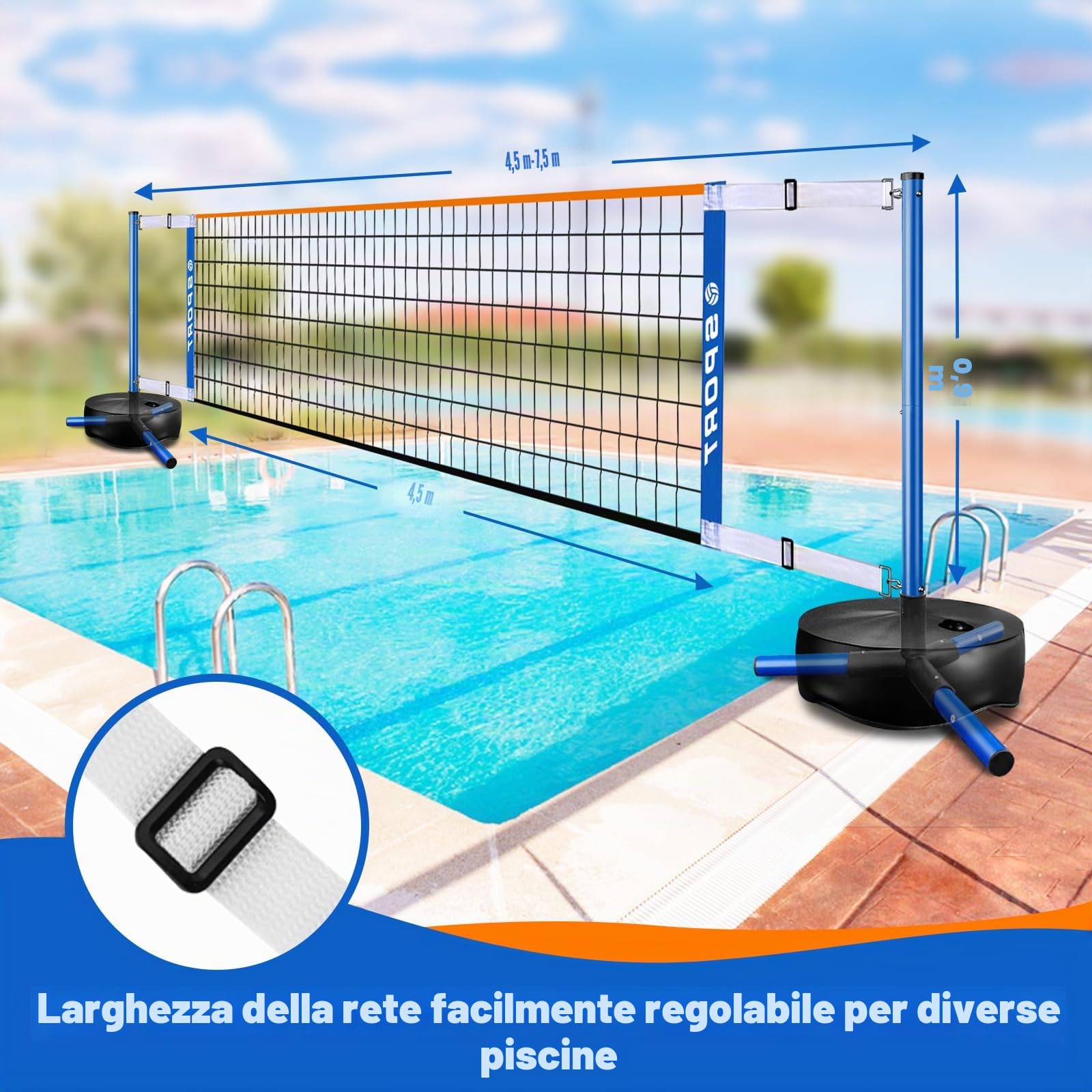 Rete da pallavolo da piscina, portatile, per interni ed esterni, con 2 palloni da pallavolo e base resistente. Lunghezza regolabile 4,5 – 7,6 m, per pickleball e rete da tennis