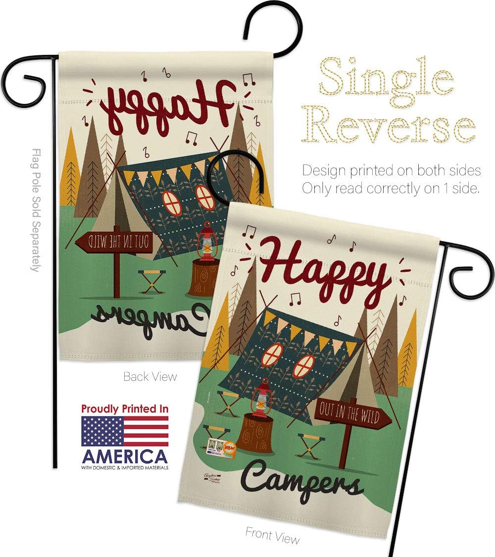 Happy Campers Garden Flag Set Wall Holder Outdoor Camping Rustic Camper RV Trailer Adventure Camp Site Campfire Small Decorative Gift Yard House Banner Made In USA 13 X 18.5