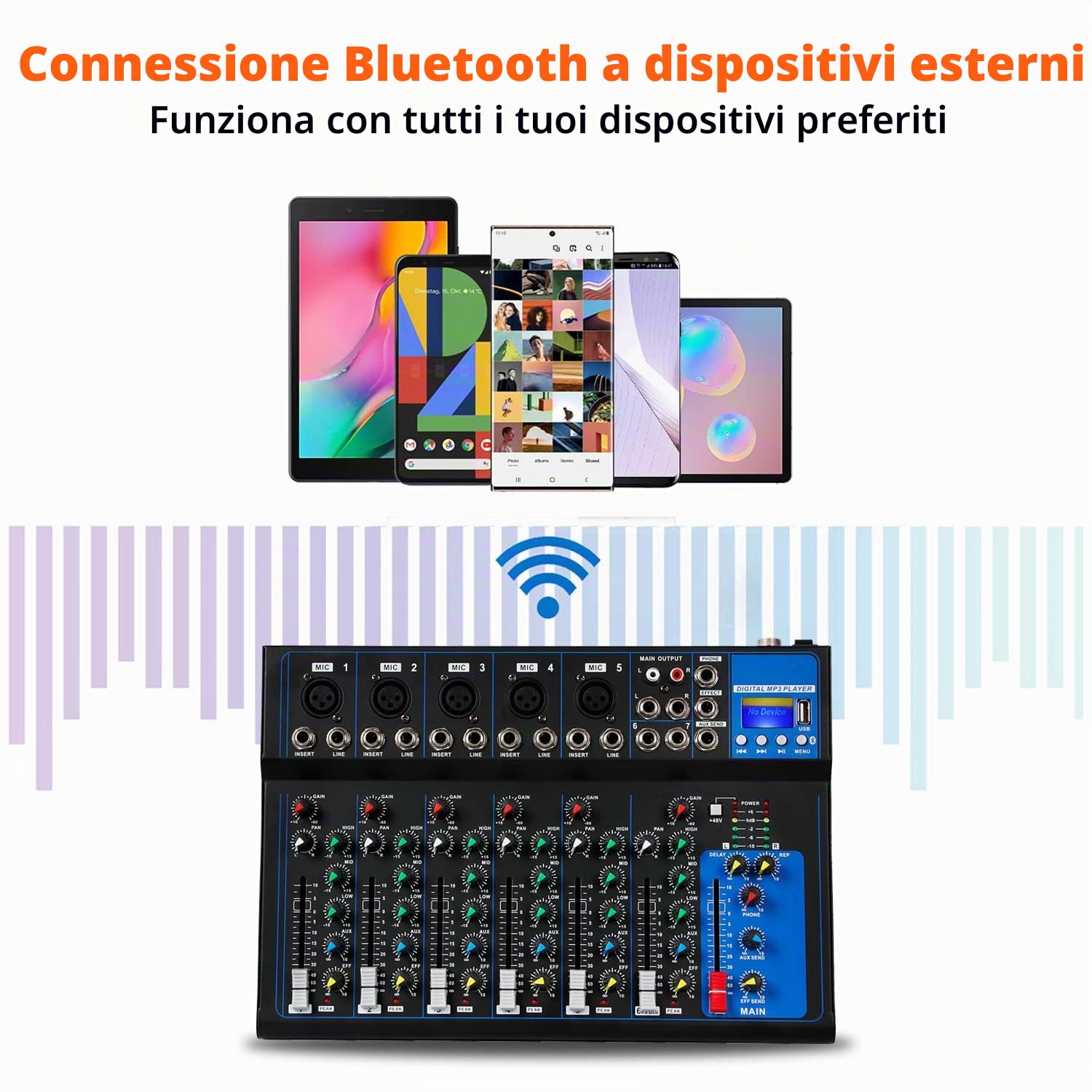 Depusheng HT7 - Mixer audio Bluetooth portatile con mixer audio USB, presa MP3 da 48 V per registrazione dal computer, mixer a 7 canali per registrazioni in studio
