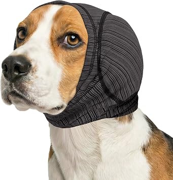 JOHNBOLIN Dog Calming Hoodie & No Shake Ear Wrap for Hematoma, Bathing, Drying Swim& Noise Anxiety Relief - Elastic Quiet Ear Protector with Ear Muffs Design for Grooming/Head Ear Cover Grey, M