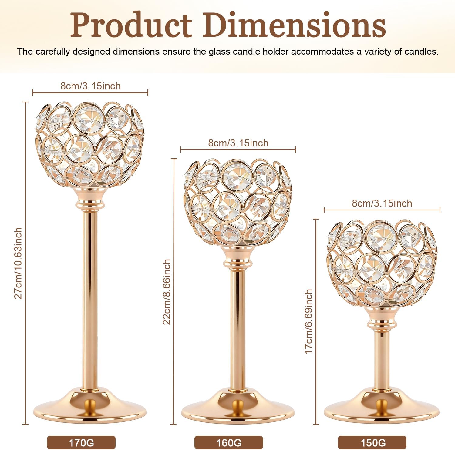 Crystal Candle Holders 4 Set of 12 - Gold Vintage Hollow Ball Candle Stand for Table Centerpiece, Crystal Metal Tealight Candlestick for Wedding, Dining Room Decor Golden 4Sets(12 Pcs)