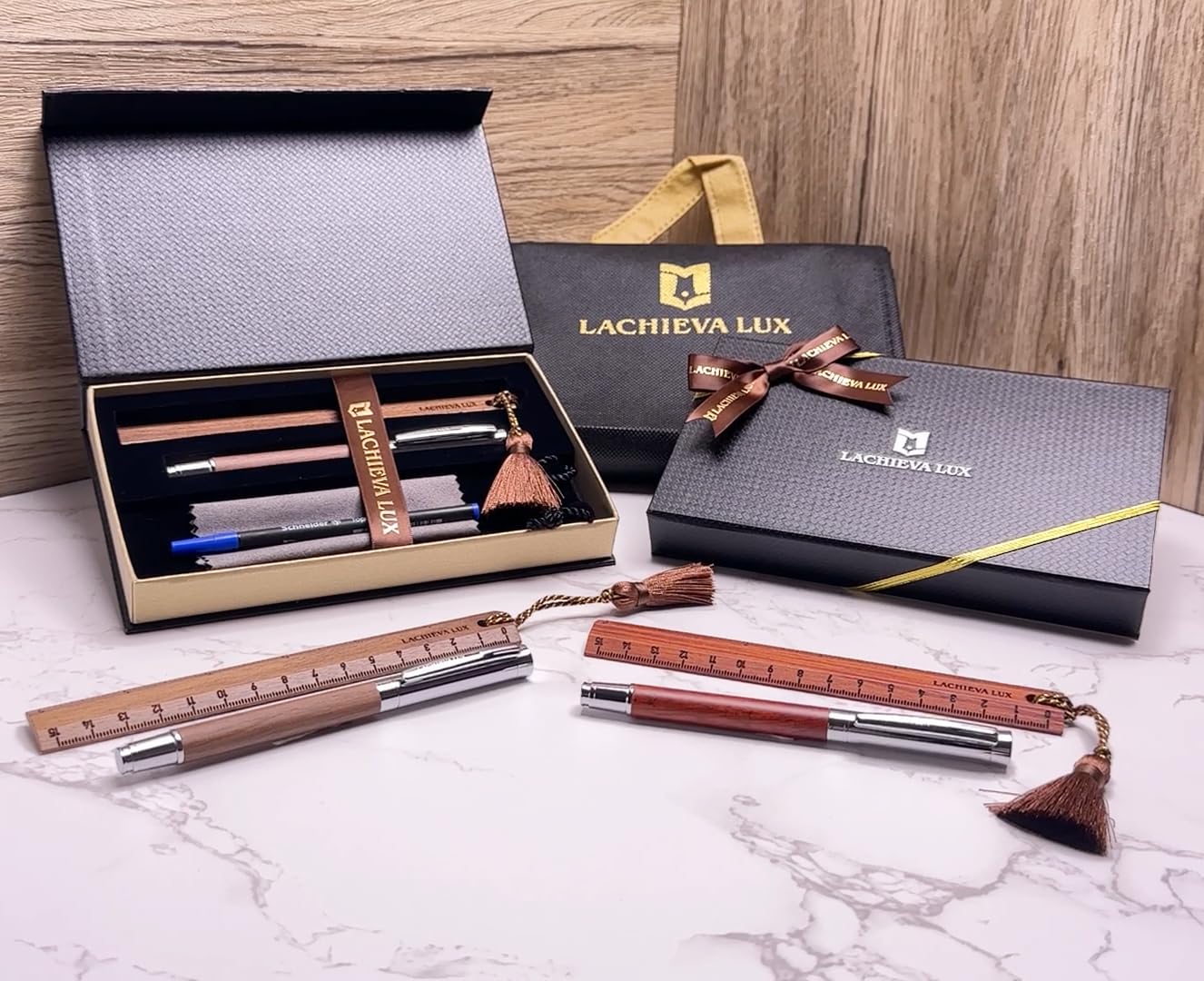 LACHIEVA LUX Superbe stylo roller en noyer avec règle/marque-page, cadeau de luxe pour femme et homme