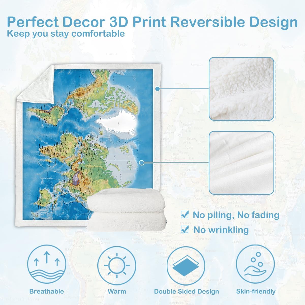 Sleepwish Map Fleece Blanket Blue Throw Blanket Soft Kids Throw Blanket Thick Plush Blanket Vivid 3D Print Map of The World Sherpa Blankets for Teens Kids Boys Girls 50x60 Inches