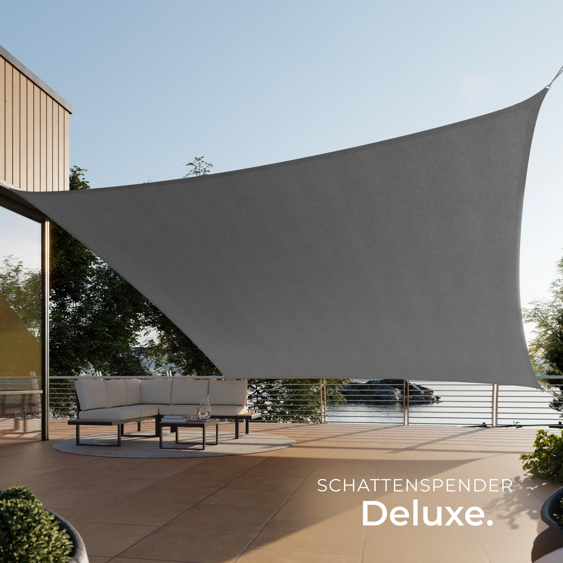 tectake® Sonnensegel mit UV Schutz, Sonnenschutz und Sichtschutz Balkon, Sichtschutz Garten, für Pergola, Windschutz Terrasse, mit Ösen und Spannseile - quadratisch grau - 5,4 x 5,4 m