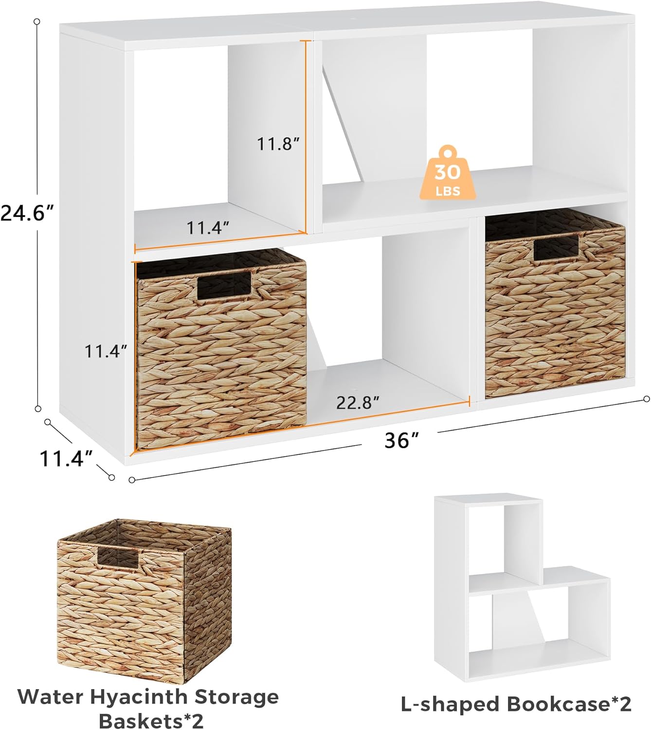 6 Cube Storage Organizer, Wooden Storage Shelves Bookcase with Back Panels, Stackable Display Bookshelf Includes 2 Wicker Baskets for Living Room, Bedroom, Study, Hallway, White