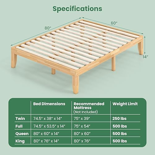 Miniatura 27 de KOMFOTT Base de cama de plataforma de madera de 14 pulgadas, tamaño individual, base de colchón de madera con marco de madera de goma, fuerte Marrón